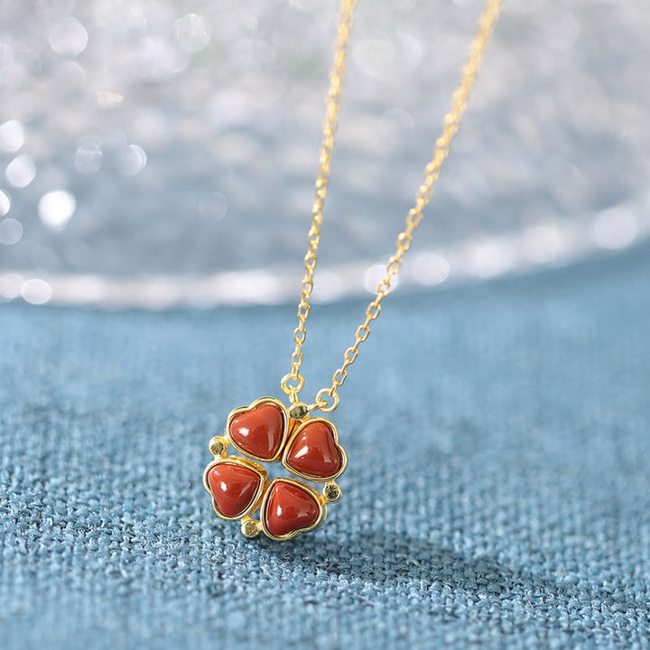 White Jade & Red Agate Four Leaf Clover Necklace Pendant