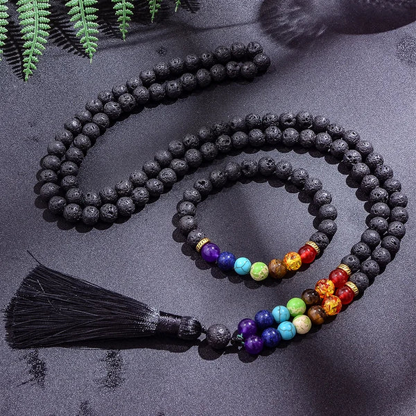 108 Mala Rosary Lava Stone Beaded Necklace