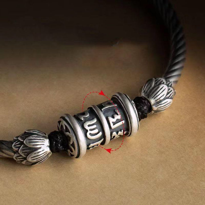 Tibetan Silver Color Lotus Flower Braided Bracelet - Six Character