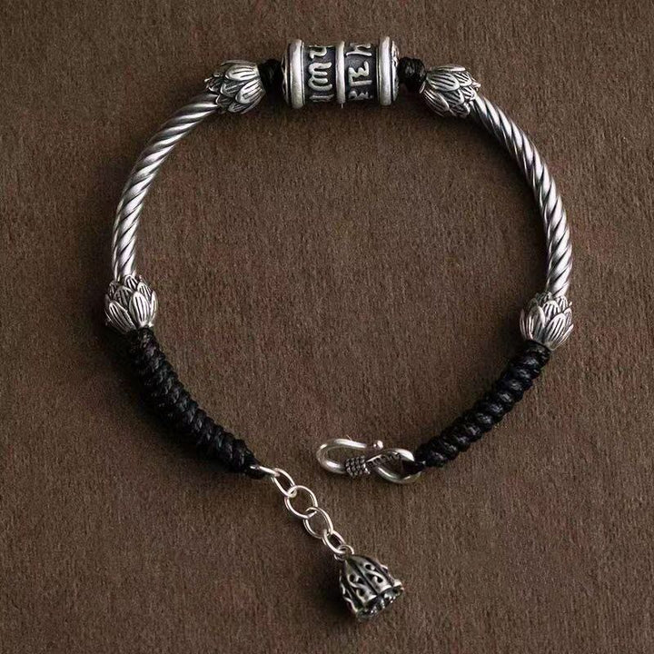 Tibetan Silver Color Lotus Flower Braided Bracelet - Six Character