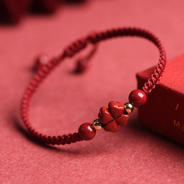 Red Cinnabar Lucky Four Leaf Clover Bracelet