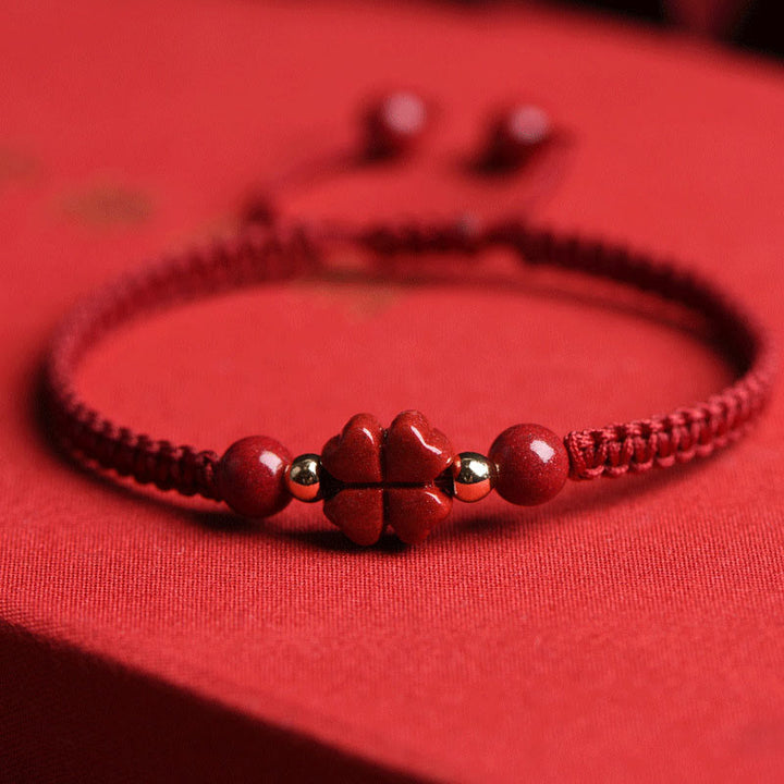 Red Cinnabar Lucky Four Leaf Clover Bracelet