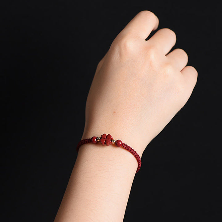 Red Cinnabar Lucky Four Leaf Clover Bracelet