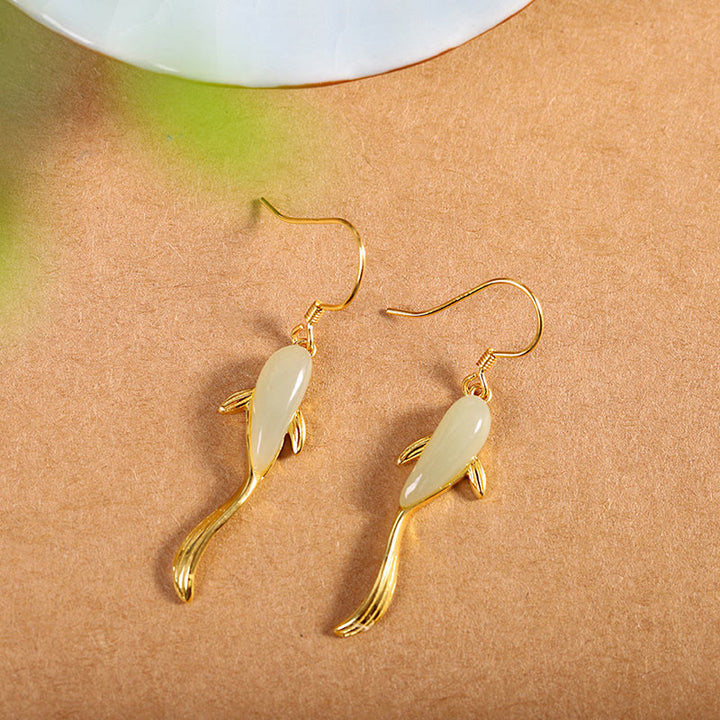 Light Green Jade Koi Fish Earrings - Good Luck