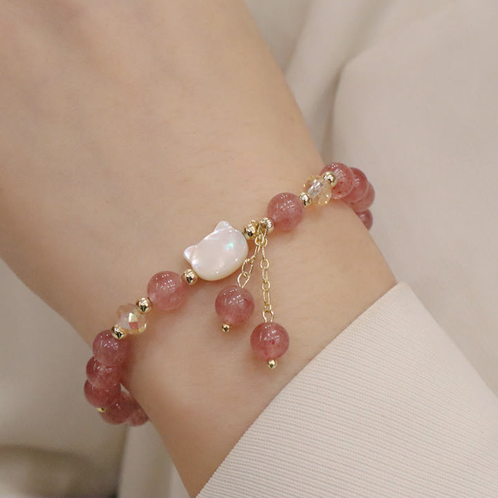 Natural Strawberry Quartz White Jade Cute Cat Bracelet