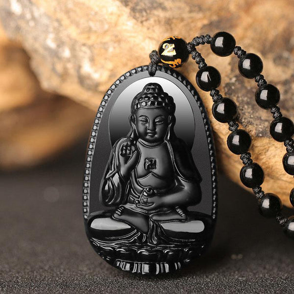 Buddha Black Obsidian Long Pendant Necklace