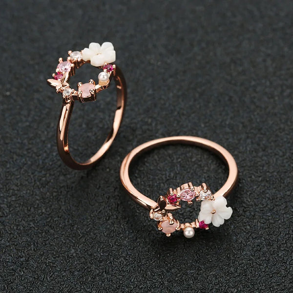 Butterfly Flowers Rose Gold Rings - For Women