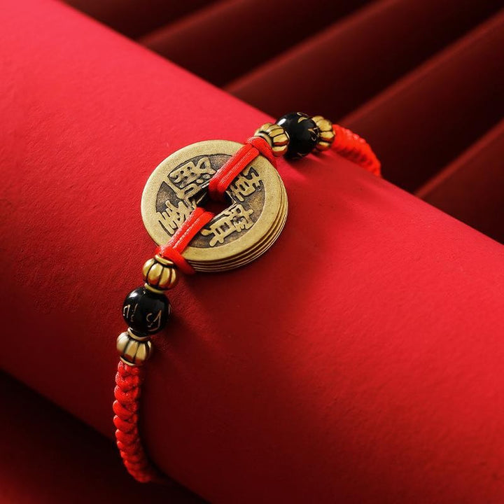 Handmade Red Rope Chinese Coins Bracelet - Good Luck