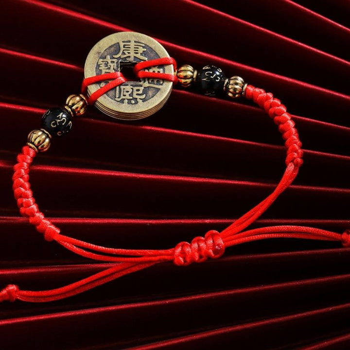 Handmade Red Rope Chinese Coins Bracelet - Good Luck