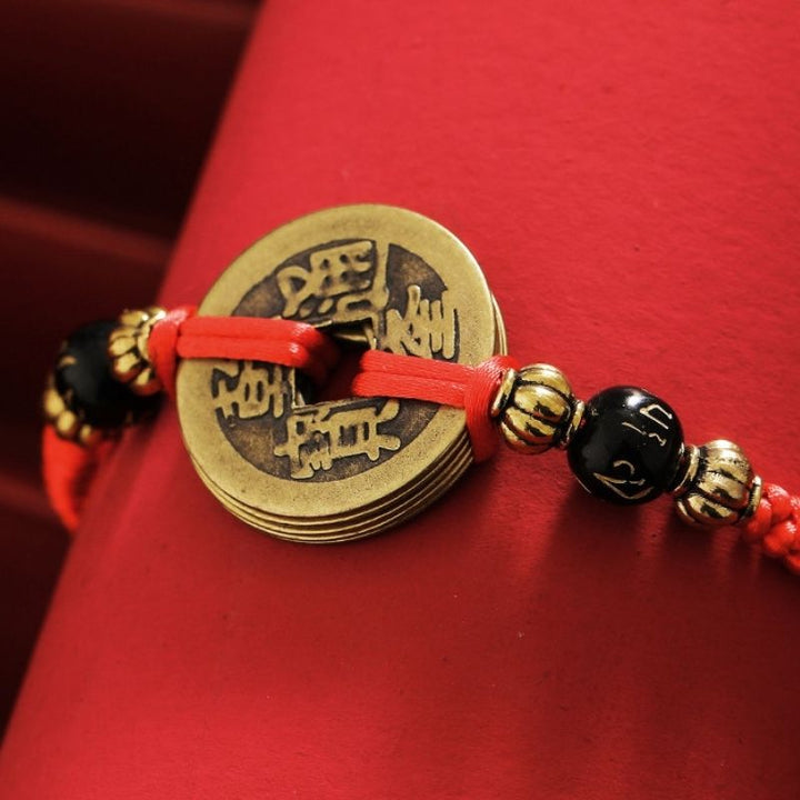 Handmade Red Rope Chinese Coins Bracelet - Good Luck