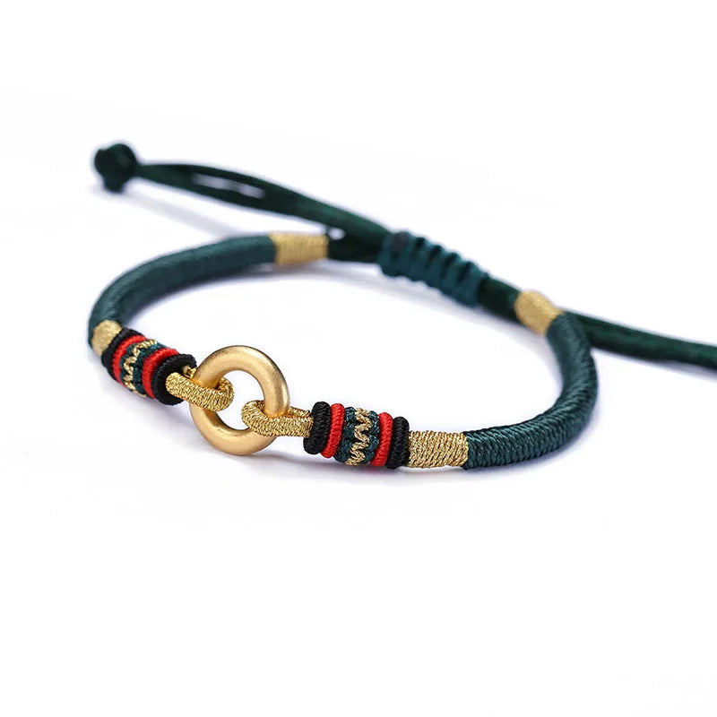 Tibetan Peace Buckle Knots Red Rope Bracelet - Green