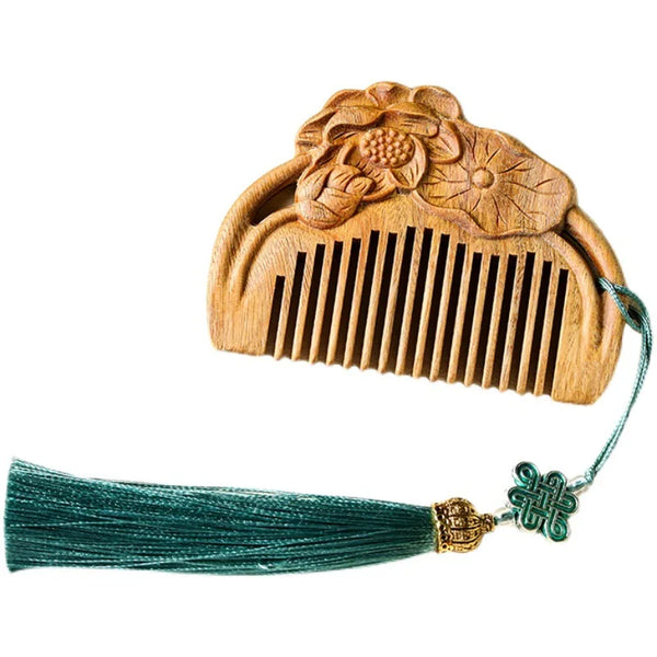 Lotus Flower Engraved Green Sandalwood Comb