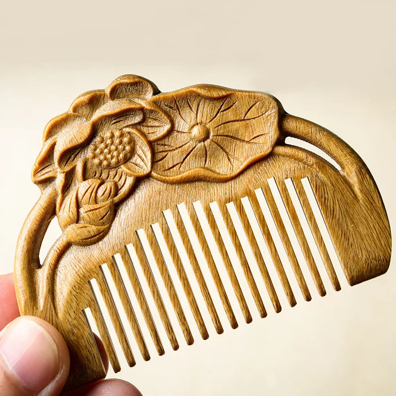 Lotus Flower Engraved Green Sandalwood Comb