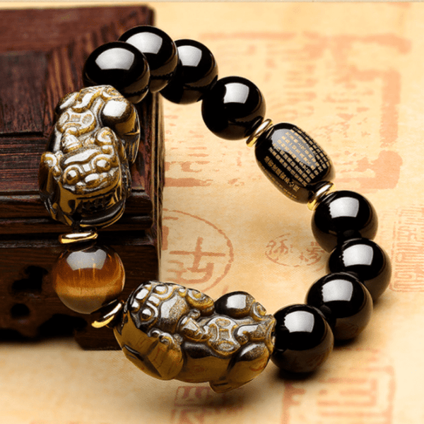 Buddhist Prayer Double PiXiu Bracelet - Golden Black obsidian