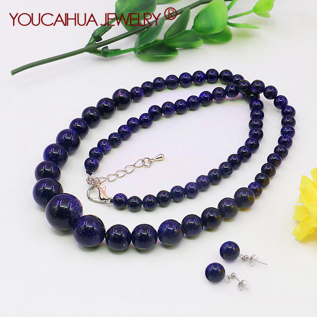 Natural Blue Sandstone Round Bead Necklace 01