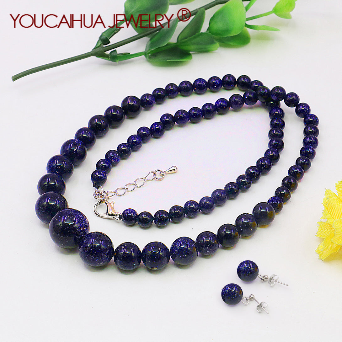 Natural Blue Sandstone Round Bead Necklace 07