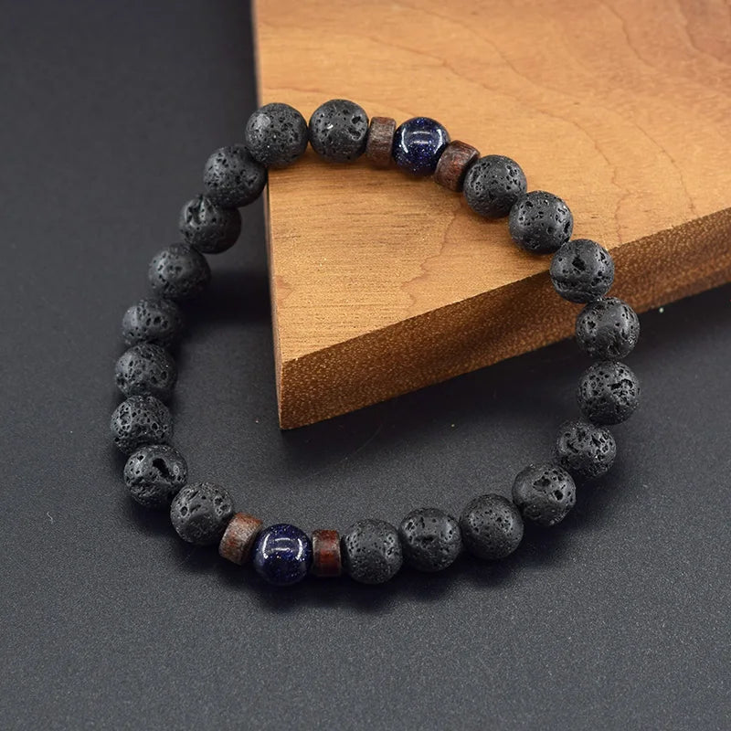 Natural Blue Sandstone Round Beads Bracelet 03