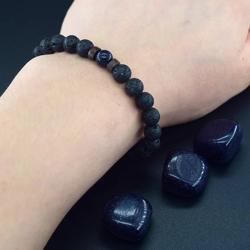 Natural Blue Sandstone Round Beads Bracelet 05