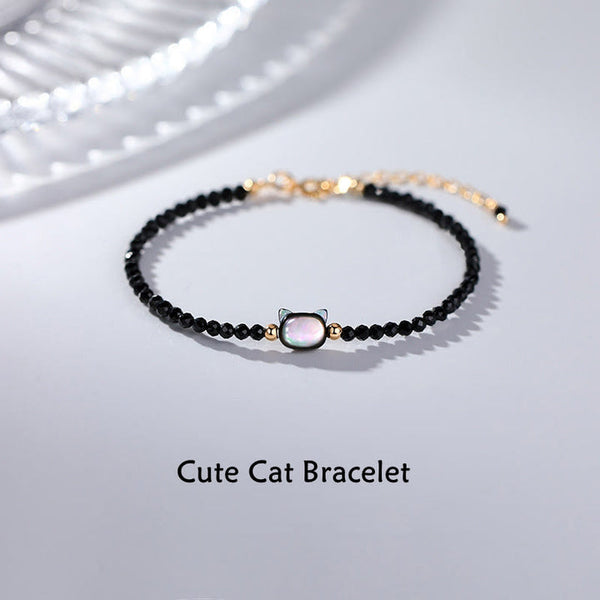 Natural Crystal Black White Cute Cat Bracelet - For Healing