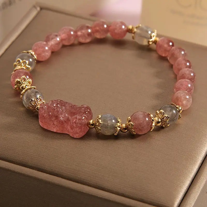 Natural Pink Rose Crystal Pixiu Bracelet