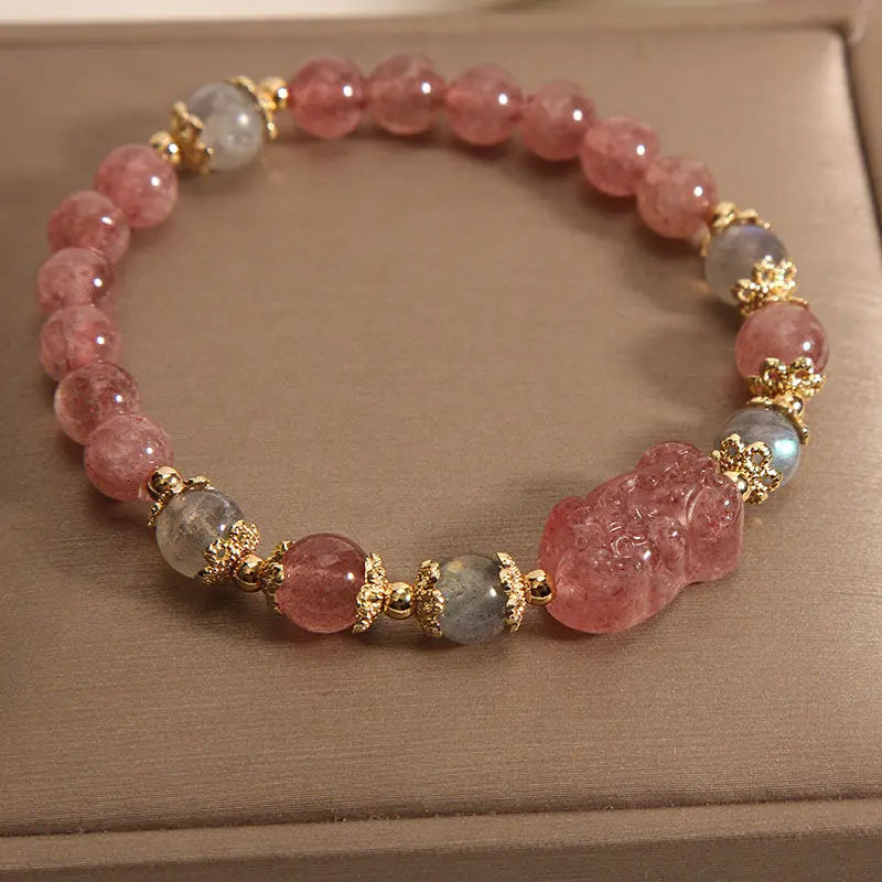 Natural Pink Rose Crystal Pixiu Bracelet