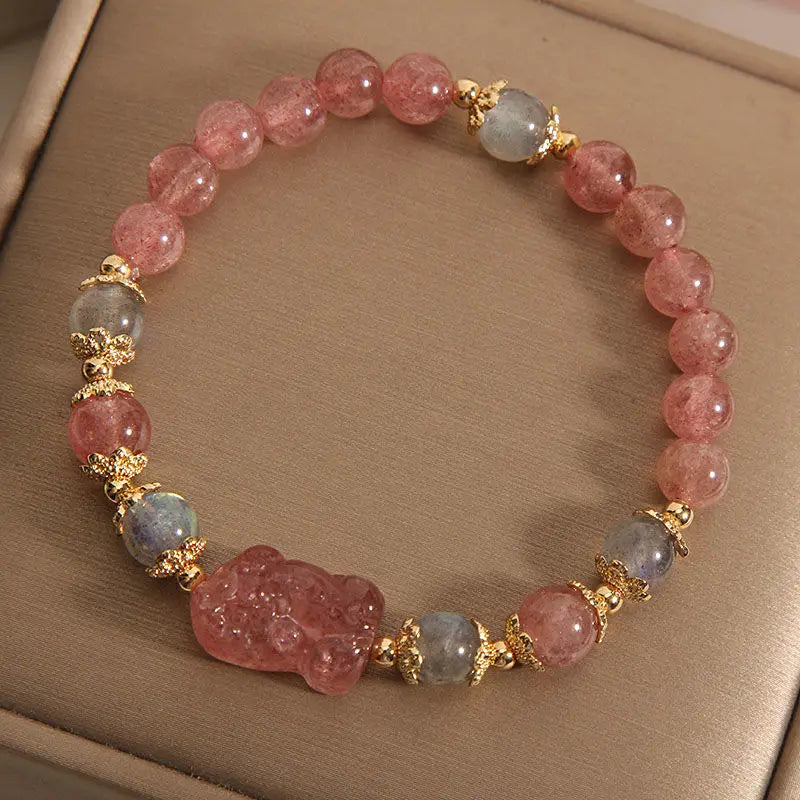 Natural Pink Rose Crystal Pixiu Bracelet