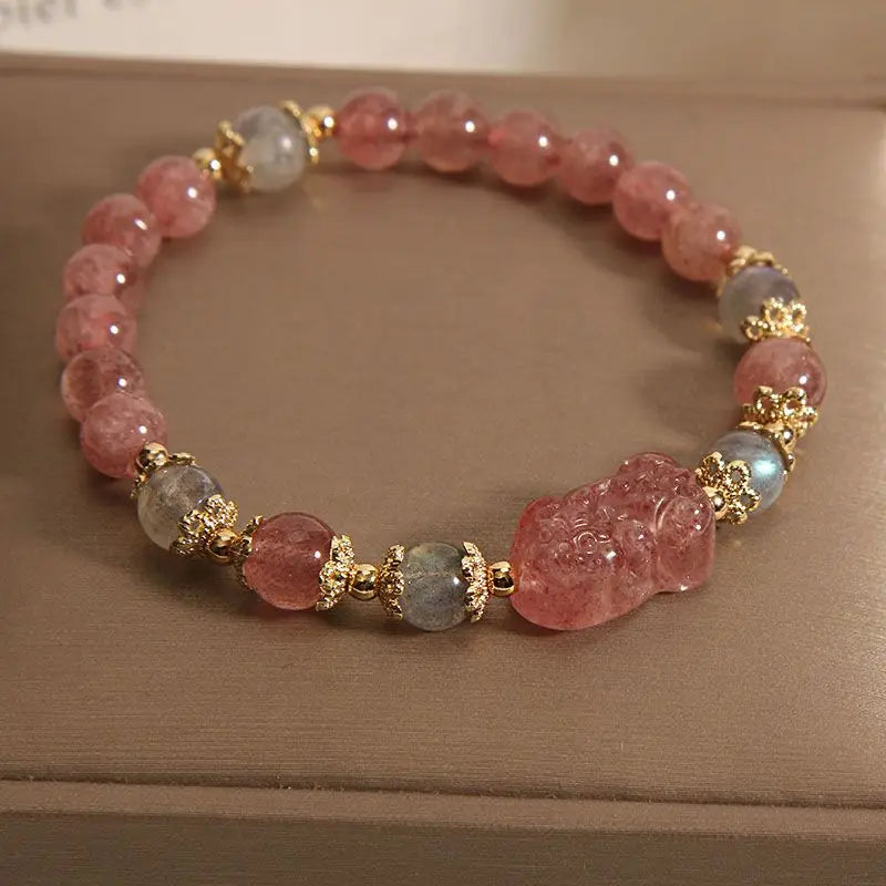 Natural Pink Rose Crystal Pixiu Bracelet