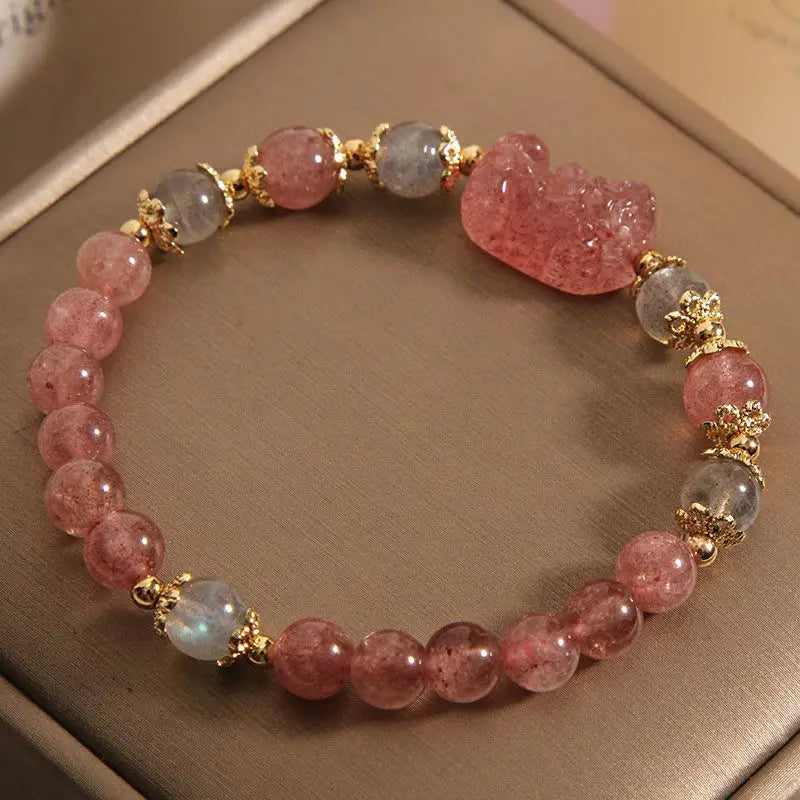 Natural Pink Rose Crystal Pixiu Bracelet