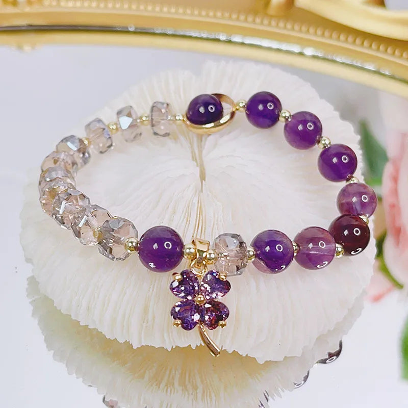 Purple Crystal Beads Four Leaf Clover Bracelet