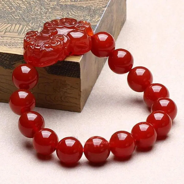 Natural Red Agate Beads Pixiu Bracelet - Protection & Wealth