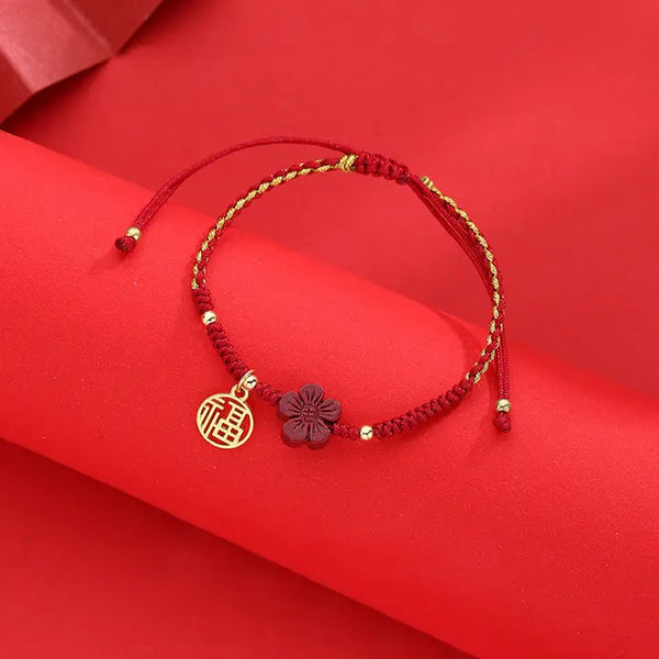 Red Agate Flower Blessing Bracelet - Fu Character