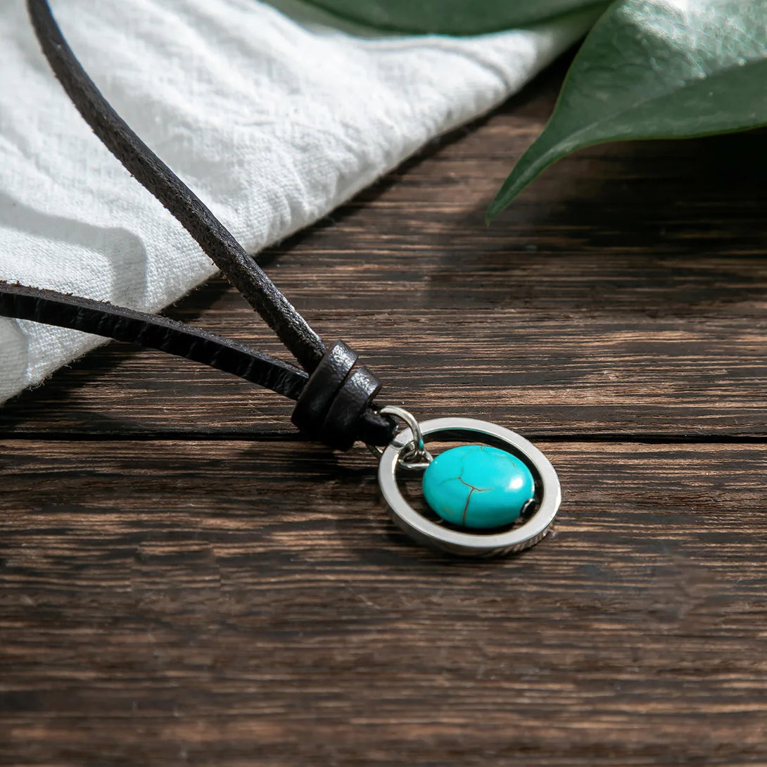 Vintage Leather Turquoise Stone Pendant Necklace