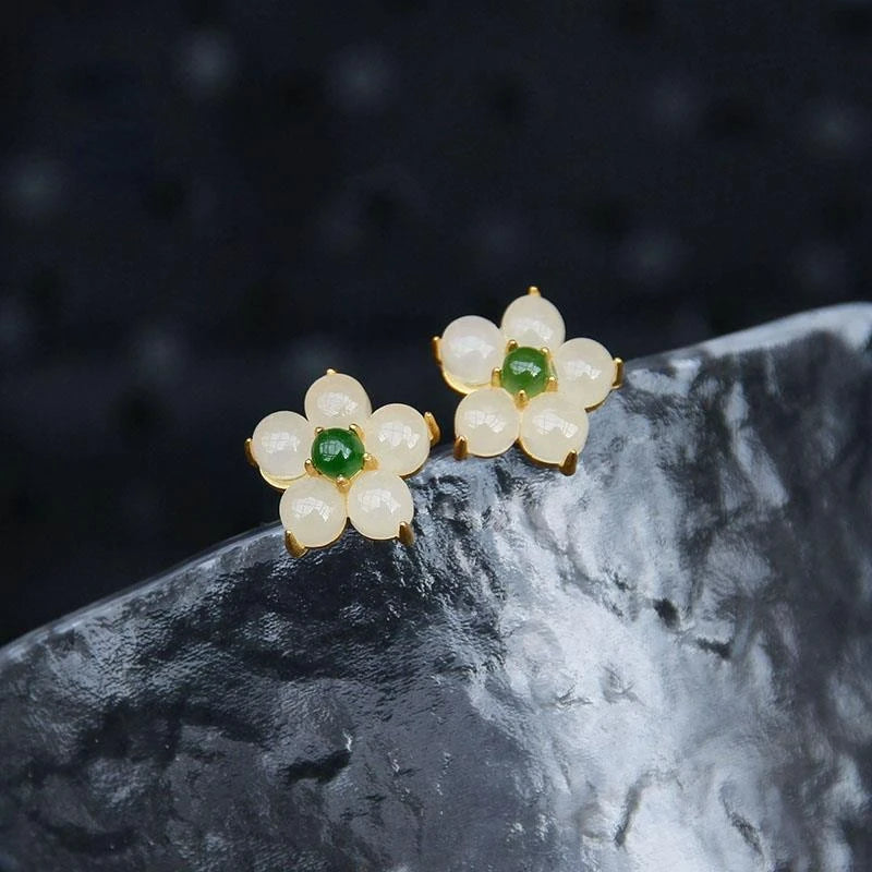 White Jade Flower Blessing Stud Earrings - Hypoallergenic Stud Earrings