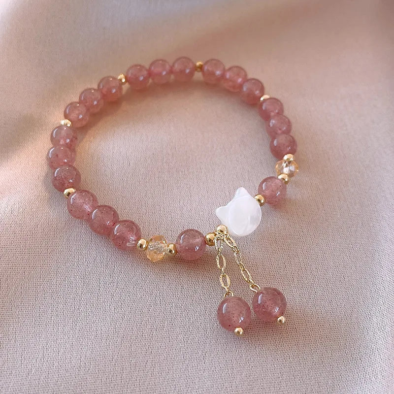 Natural Strawberry Quartz White Jade Cute Cat Bracelet