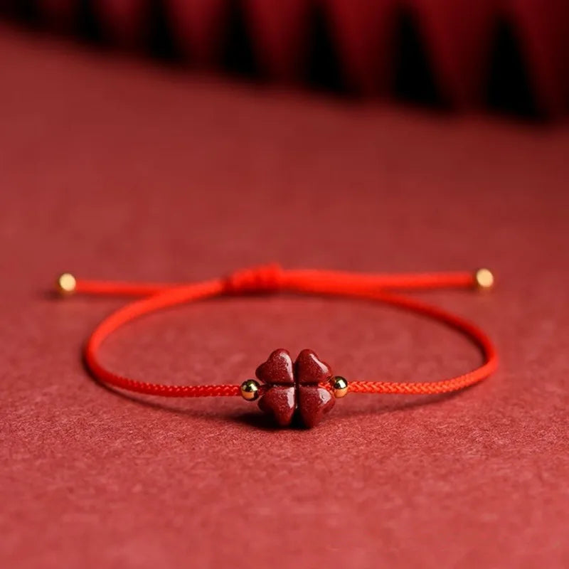 Red Cinnabar Lucky Four Leaf Clover Bracelet