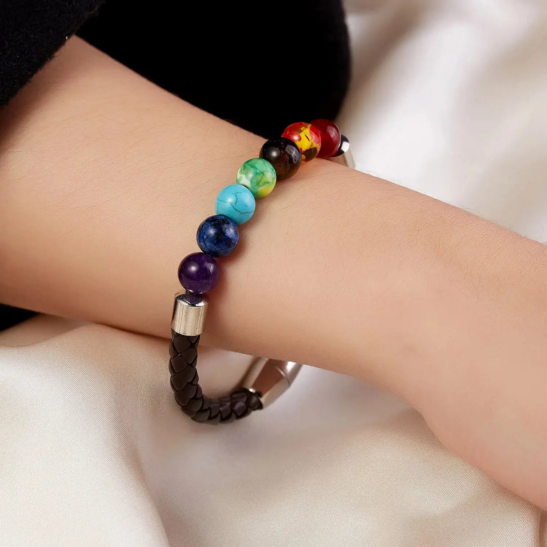 7 Chakra Bracelet – Leather Rope & Natural Stones for Healing Karma & Renewal