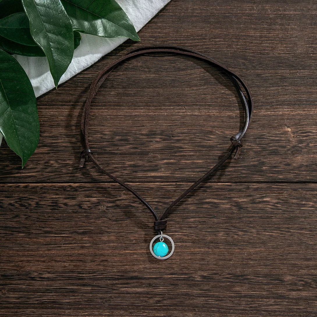 Vintage Leather Turquoise Stone Pendant Necklace