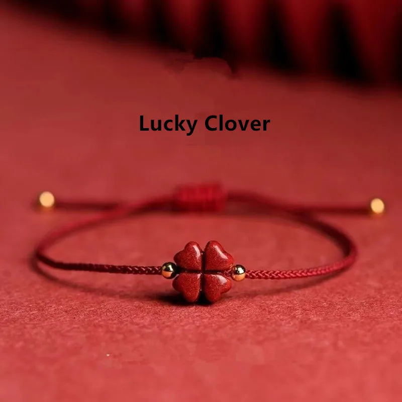 Red Cinnabar Lucky Four Leaf Clover Bracelet