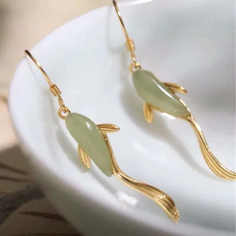 Light Green Jade Koi Fish Earrings - Good Luck