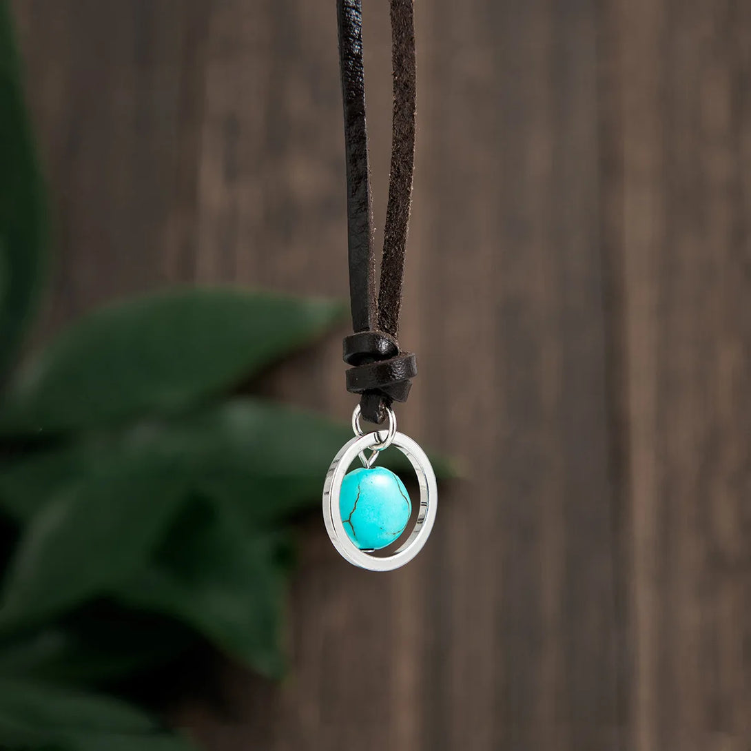 Vintage Leather Turquoise Stone Pendant Necklace