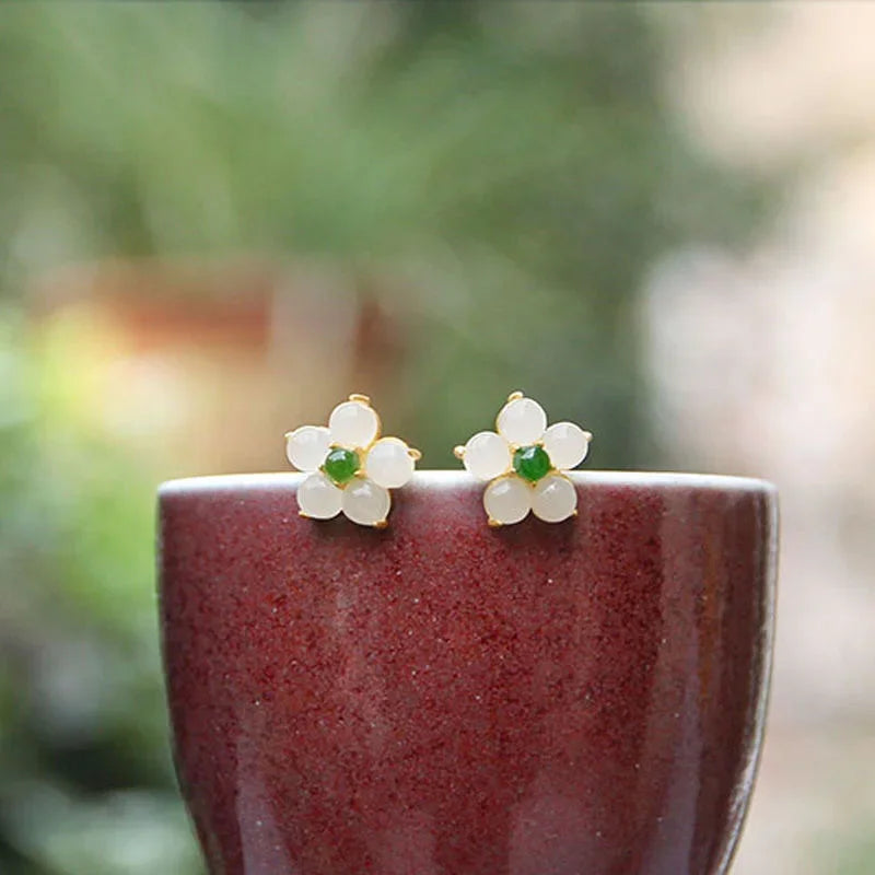 White Jade Flower Blessing Stud Earrings - Hypoallergenic Stud Earrings