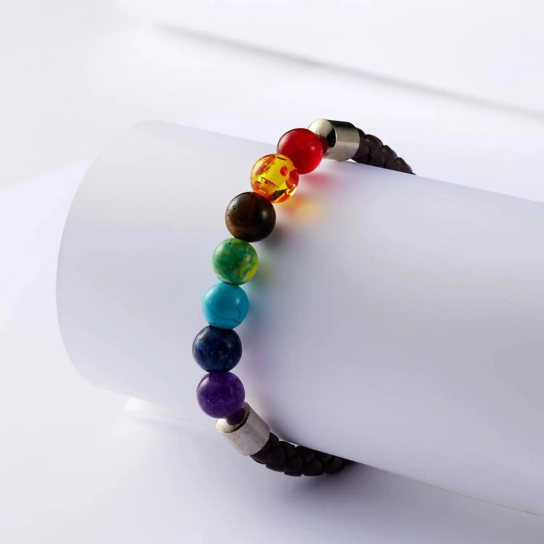 7 Chakra Bracelet – Leather Rope & Natural Stones for Healing Karma & Renewal