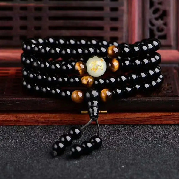 Black Obsidian Tiger Eye Beads Bracelet - 108 Mala Beads