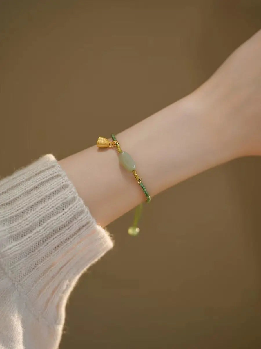 Lotus Flower Green Jade Safety Buckle Bracelet