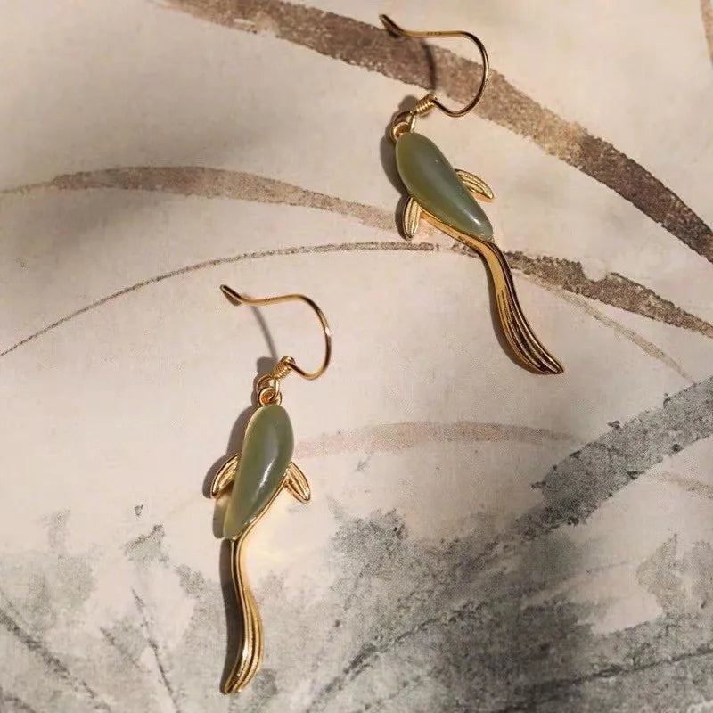 Light Green Jade Koi Fish Earrings - Good Luck