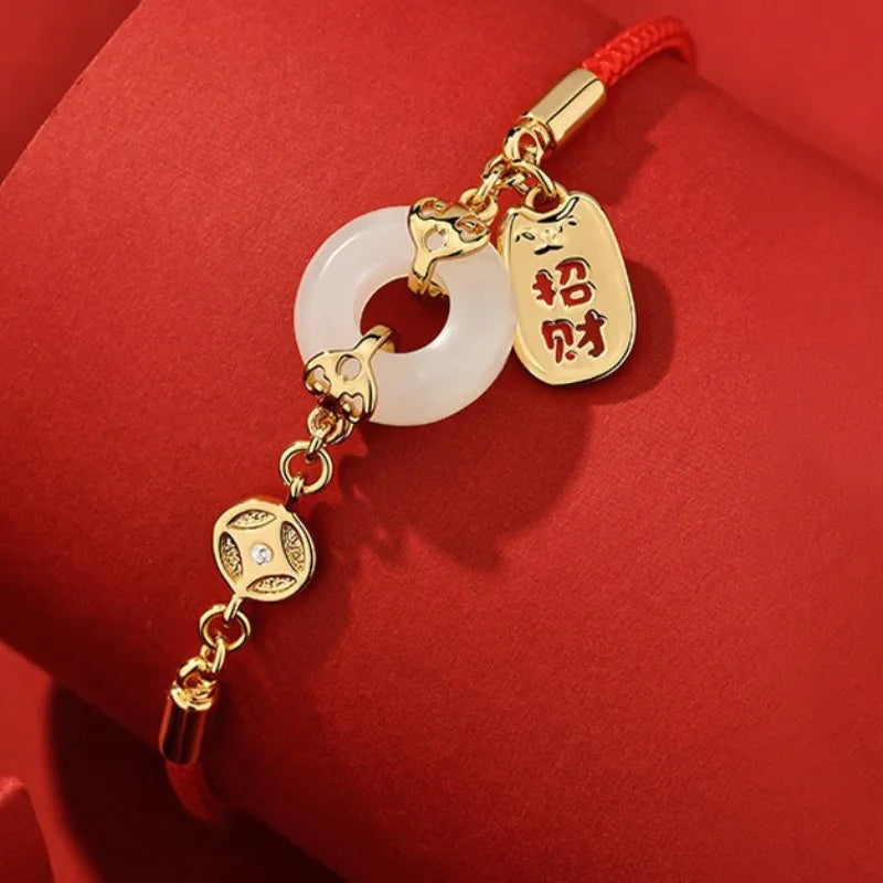 White Jade Peace Buckle Red Rope Bracelet - Attract Luck