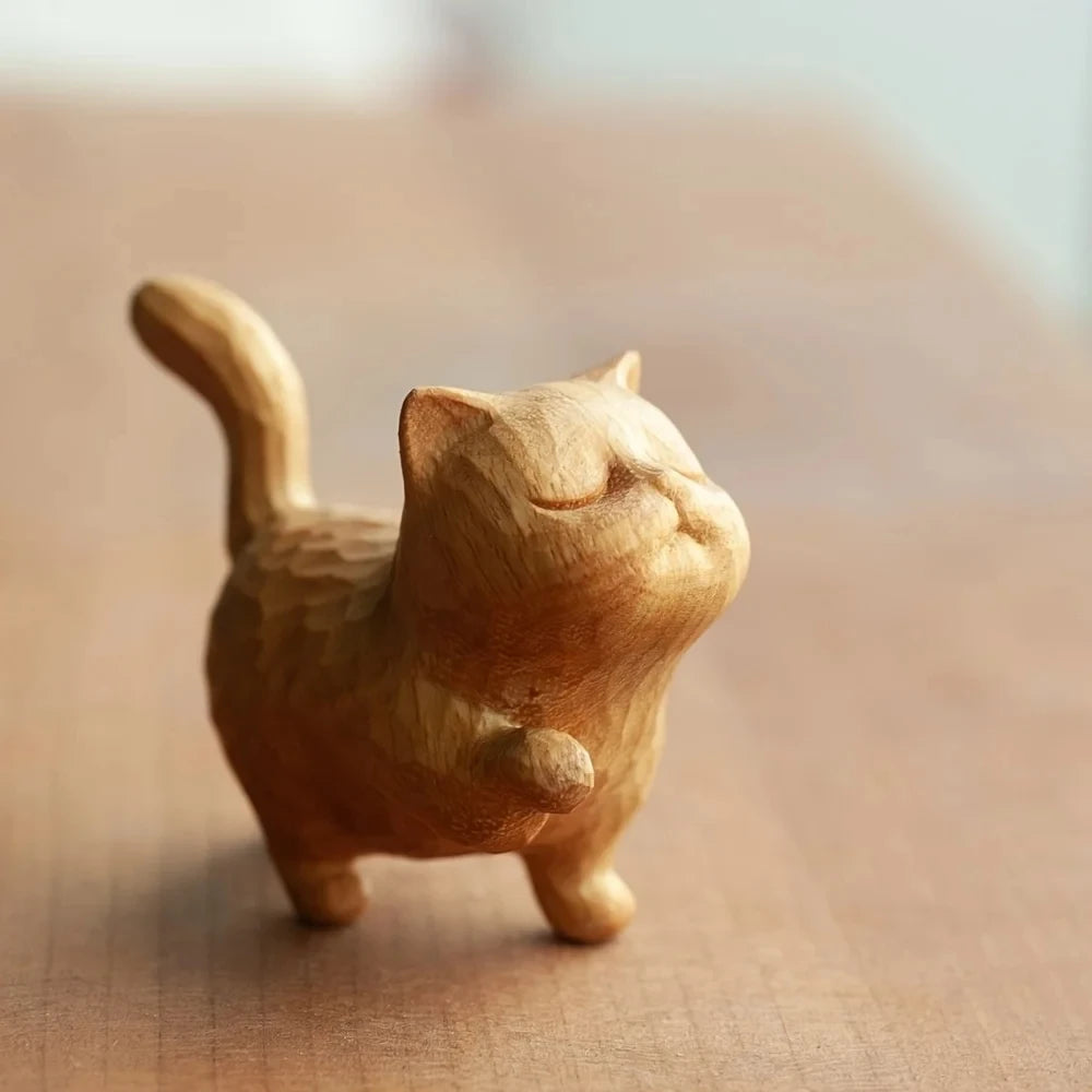 Mini Hand Carved Wooden Cute Cat - Prosperity Decoration