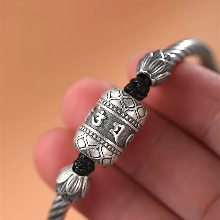 Tibetan Silver Color Lotus Flower Braided Bracelet - Six Character