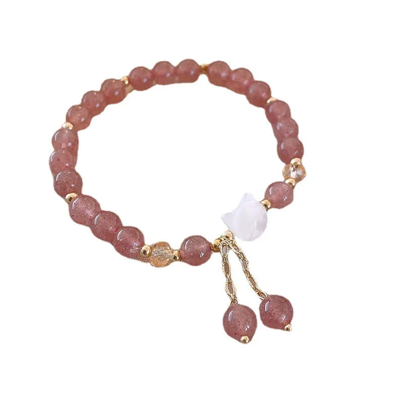 Natural Strawberry Quartz White Jade Cute Cat Bracelet