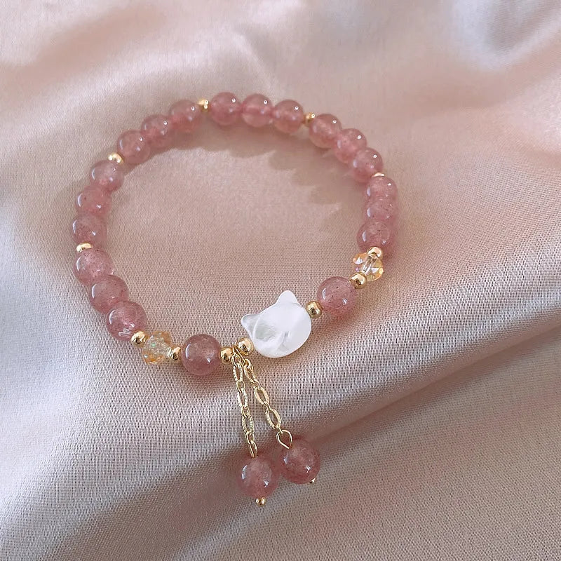 Natural Strawberry Quartz White Jade Cute Cat Bracelet